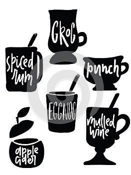 Hot alcohol drinks. Illustration of different cups and glasses with the name of drink inside.