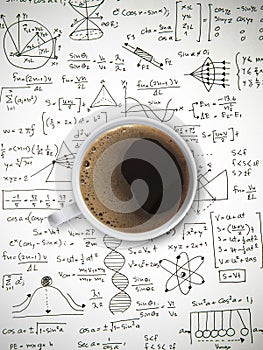 Hot americano coffee on math and science paperwork photo