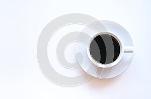 Hot americano coffee in white coffee cup on white background with copy space