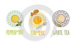 Hot aromatic tea set. Top view of teacup with peppermint, turmeric, white tea vector illustration