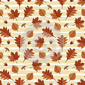 Hot autumn leaves and foliage seamless pattern with multicolored hand drawn vector.