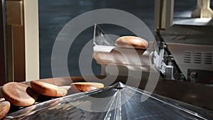 Hot baked bread loafs on the production line