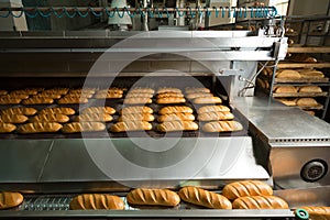 Hot baked breads on a line