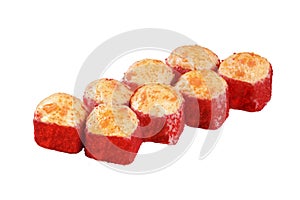 Hot baked, cap, red caviar Masago Sushi roll isolated on white background