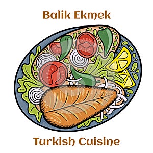 Hot Balik Ekmek fish sandwich with grilled mackerel. Traditional street food turkish cuisine. Cartoon illustration