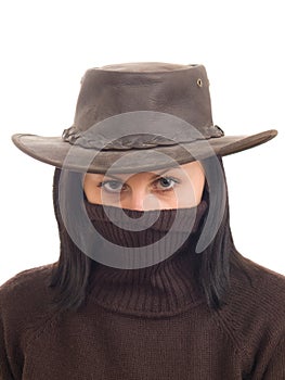 Hot bandit girl in hat and with hidden face