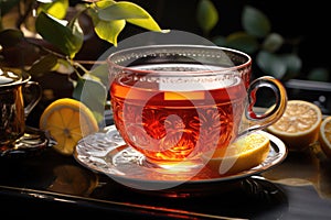 Hot berry and fruit tea in a transparent cup. Vitamin drink to strengthen the immune system during the flu