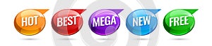 Hot, best, mega, new, free. Colored stickers with different inscriptions.