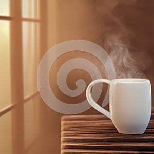 Hot beverage in white cup or mug with steam