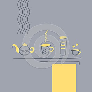 Hot beverages poster template, tea cup, coffee mug, teapot simple doodles and geometric scandinavian design elements