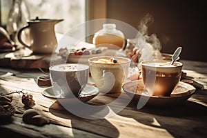 hot beverages on wooden table