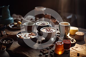 hot beverages on wooden table