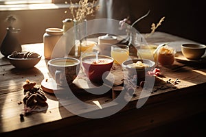 hot beverages on wooden table breakfast