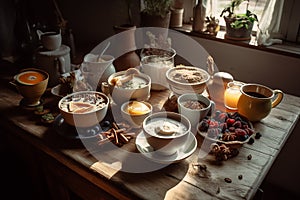 hot beverages on wooden table breakfast