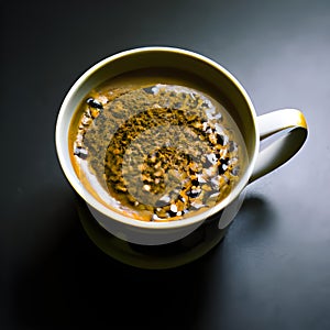 Hot black coffee in a ceramic cup and crystals of instant coffee on a dark gray background.