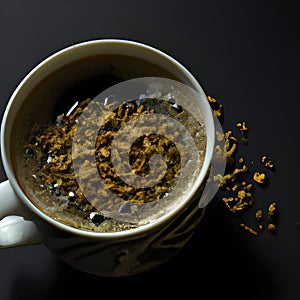 Hot black coffee in a ceramic cup and crystals of instant coffee on a dark gray background.