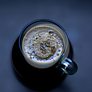 Hot black coffee in a ceramic cup and crystals of instant coffee on a dark gray background.