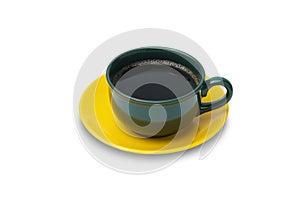 hot black coffee in coffee cup isolated on white background dark green mug above bright yellow saucer