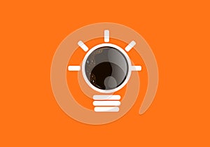 Hot black coffee  flat design with lighting bulb idea concept on orange background.