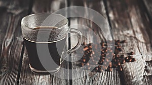 Hot black coffee in a glass cup and roasted coffee beans on a dark rustic wooden table, banner. Selective focus. Photo toned