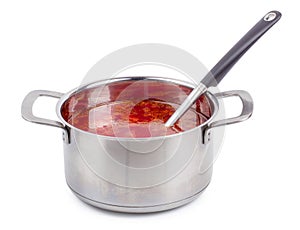 Hot borsch in a steel pan isolated