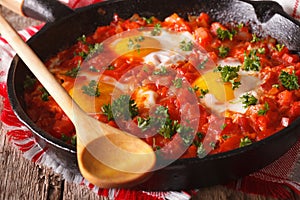 Hot breakfast shakshuka in a pan close-up. horizontal