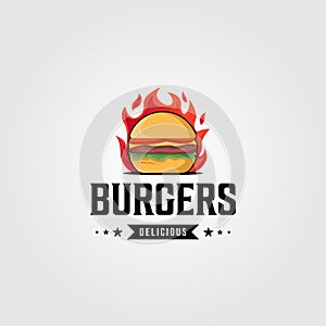 Hot burgers food logo vintage vector template
