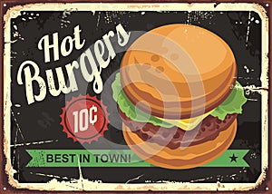 Hot burgers retro tin sign design