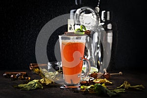 Hot buttered rum, autumn or winter warming alcoholic cocktail with apple and lemon juice, dark rum, honey, cinnamon in tall glass