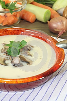 Hot calf soup mt mushrooms and parsley