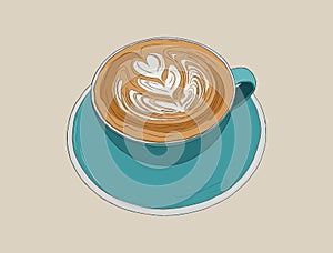 Hot cappucino coffee with latte art , sketch vector.