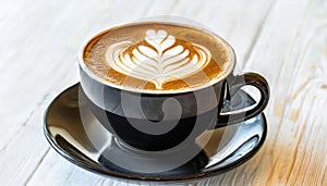 Hot capucchino in black coffee mug with powdered chocolate flower plant design mixed with milk froth shape on top surface isolated
