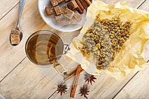 Hot chamomile tea made of wild flowers