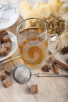 Hot chamomile tea made of wild flowers