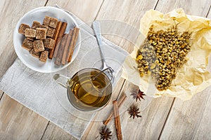 Hot chamomile tea made of wild flowers