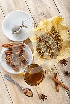 Hot chamomile tea made of wild flowers