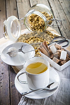 Hot chamomile tea made of wild flowers