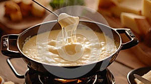 Hot cheese fondue with a perfect stringy pull, ideal for a social and delicious dining experience