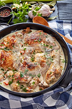 Hot chicken fricassee in a black dutch oven