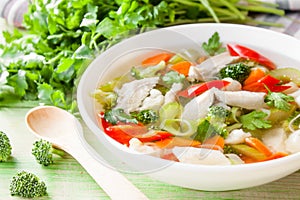 Hot chicken soup with vegetables