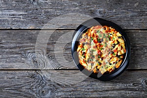 Hot chicken tamale pie top view, copy space