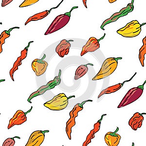 Seamless Pattern of the Different Hot Chili Peppers Drawing photo