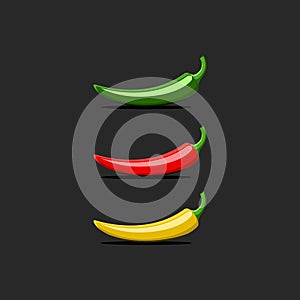 Hot chili pepper logo mockup, Mexican jalapeno red, green, yellow colors vector set isolated on black background