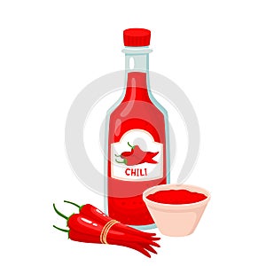 Hot chili pepper sauce in bottle and jar isolated on white background.