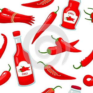 Hot chili pepper and sauce bottle seamless on white background
