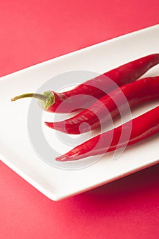 Hot chili peppers on white plate and pink background