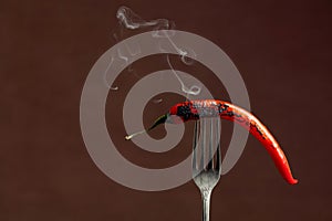 Hot chili red pepper smoking on a fork. Spice concept