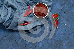 Hot chilli pepper sauce paste harissa, traditional Tunisia, Moroccan, Arabic cuisine adjika ,chili spices and fresh red chilli