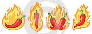 Hot chilli peppers. Cartoon spicy red chilli pepper in fire flames, red hot burning mexican peppers isolated vector