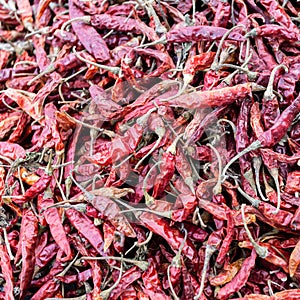 Hot chilli peppers on a market in Mexico. Pile of dried red chillies pepper